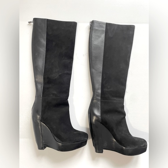 Kenneth Cole My Hope Black Suede/leather Wedge Tall Heeled Boots Size 8 - Picture 2 of 12